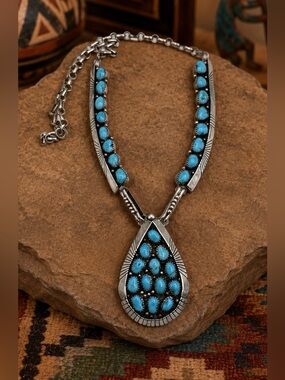 Kenneth Etsitty Navajo Native American Sterling Silver Turquoise Bib Necklace